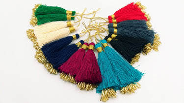 Green Tassels With Gold Beads, Beaded Thread Tassel Charms, Silky Tassels
